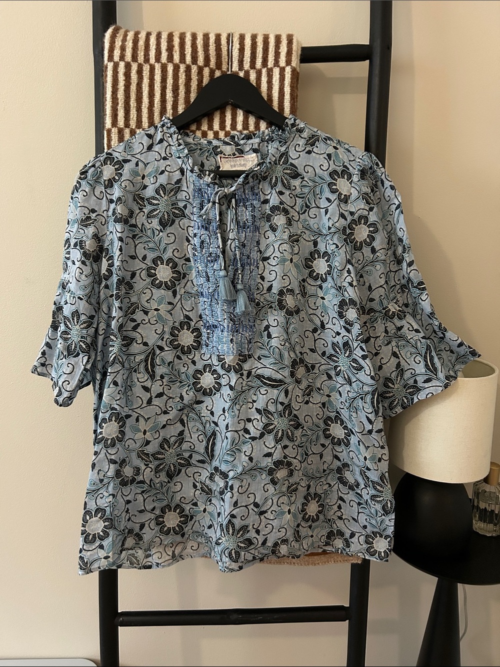 Johnny Was Workshop Light Blue Floral Tie-Neck Women’s Top